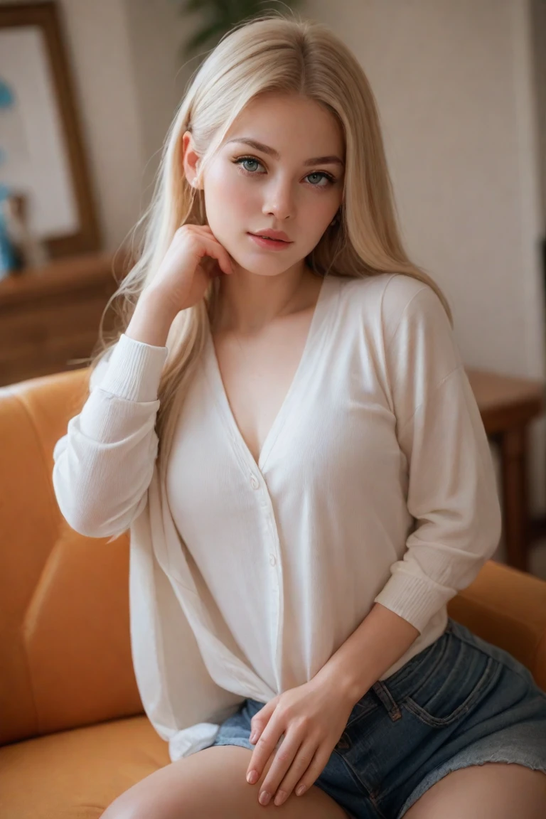 Femme ukrainienne blonde de 30 ans en pull en laine rouge et pyjama, sur le divan, End of the day, flirt with the camera, slight smile, shoot to do, 85mm, Nikon, UHD, chef-d'ouvrages d'art, anatomiquement correct, Textured skin, great detail, prime, best quality, high details, 16k, Reflet