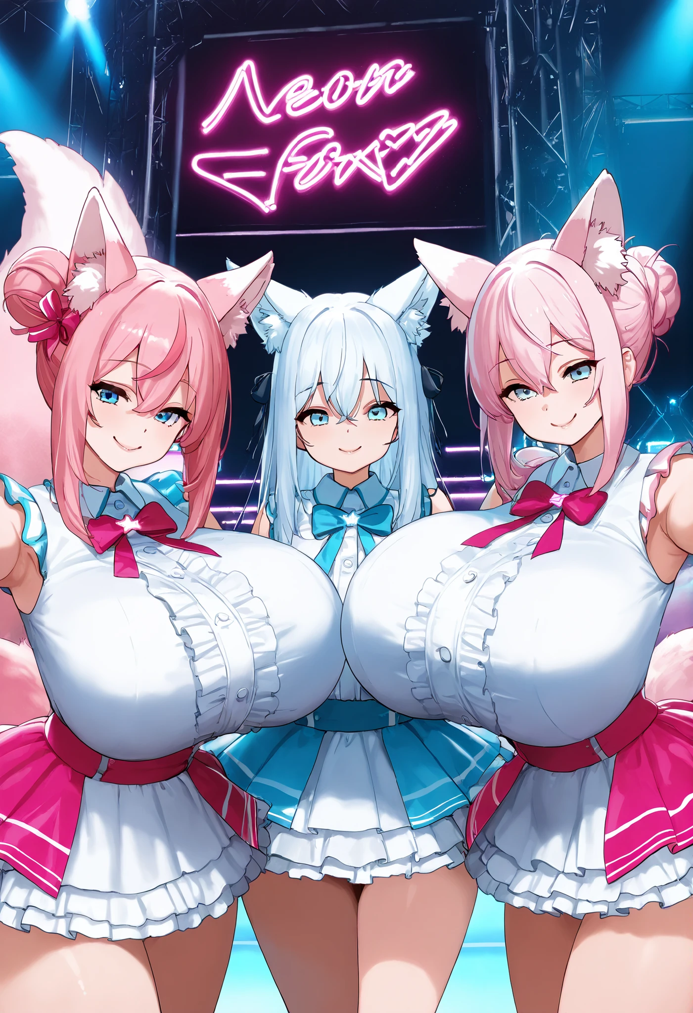 An anime girl with a pair of Cat ears, the inside of the ears a soft white fluff, her eyes wide and curious, she Excited and happy to see me, beautiful eyes, white hair, pink eyes, good art, good drawing, anime 2d, 2d, cute, 2 hands and 5 fingers on each hand, beautiful hands, good drawn hands, 4k, 8k, (two heads), (three heads, 3heads), (2heads)