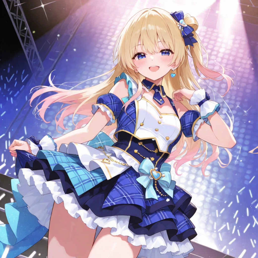 KAGAMINE RIN, long HAIR, BOW, blonde hair., large breasts,, Live Stage, solo , nsfw