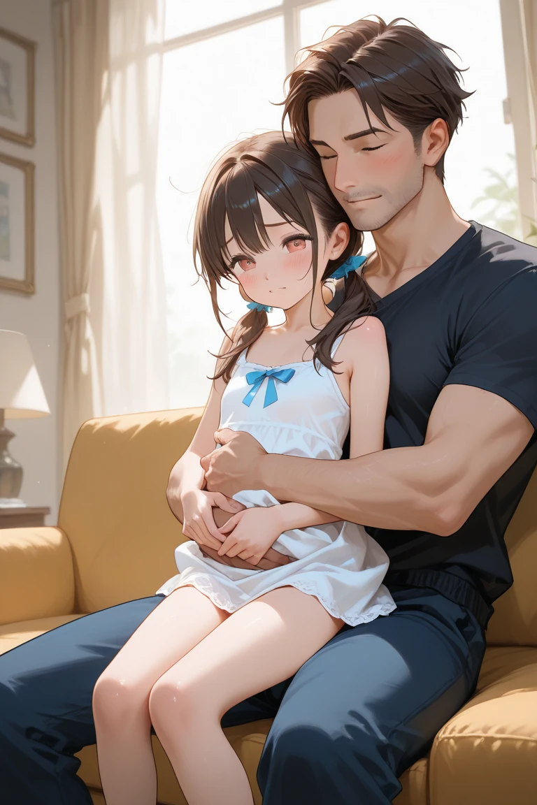 (masterpiece:1.4)、(1male people:1.9)、1girl、15 years old,(:1.2),high school student,beautiful girl,(short ponytails:1.2),akb48,nogizaka46,sailor suit,high ,(A father is touching his delicate girl's crotche:1.9)、student clothes、a closeup、Lying in bed、Father touching the crotch of delicate girl、(Cute 15-year-old delicate girl with semi-long hair and 50-year-old father with short hair)obscenity:1,2、Metamorphosis:1,2、NSFW:1,2、caress:1,2、Wrinkles between the eyebrows、Touching each other's crotches、red blush、toppless、White panties、Dark blue pleated mini skirt、tre anatomically correct,(small breasts:1.2),(skinny:1.2),