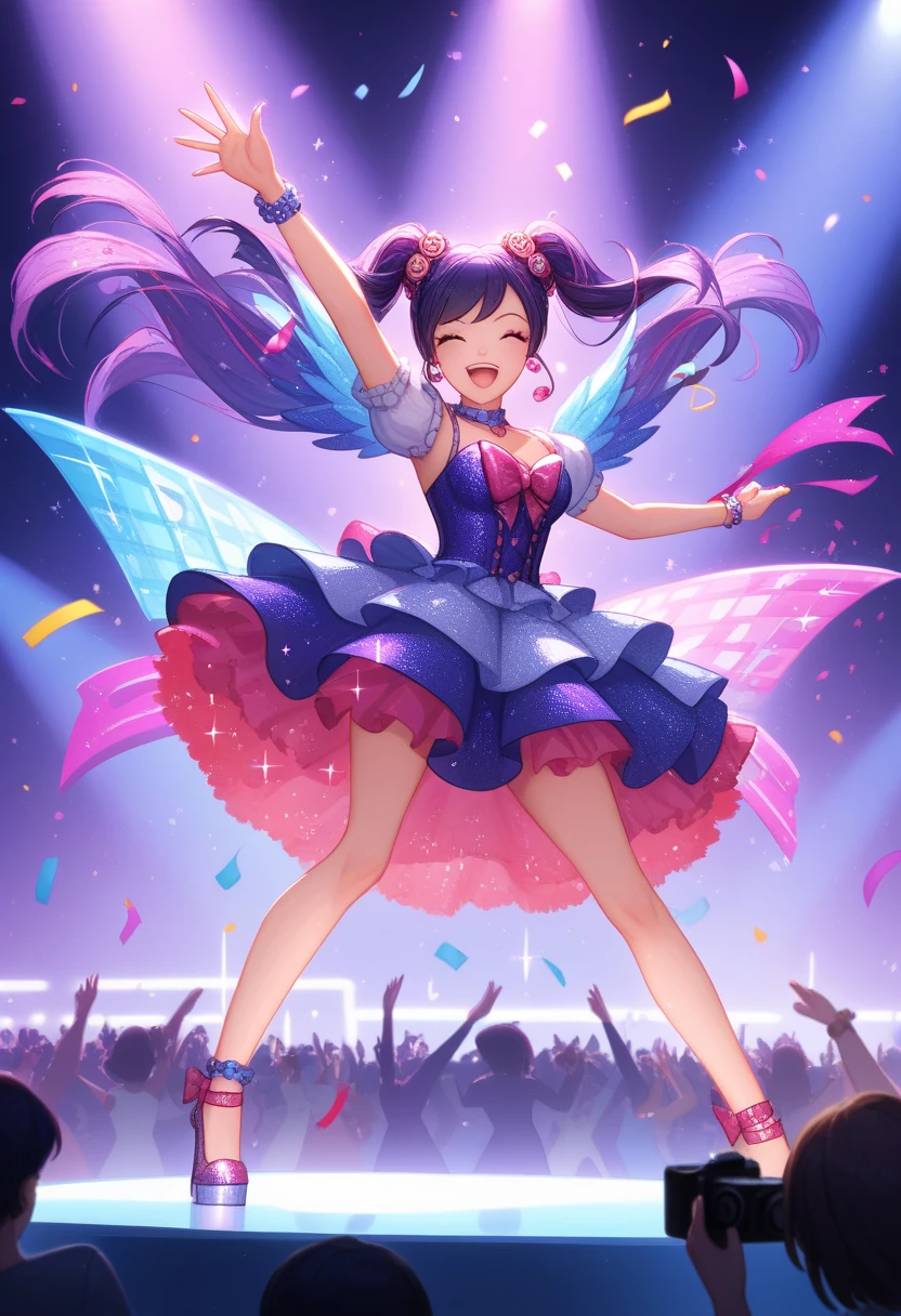 (((RAW image quality:1.4)))、8K分辨率、Pink and white idol costume,stage, 1girll, full body Esbian,Solo, high-heels, upper limbs, stage lighrt, stage, Purple Eye,star eyes,Sparkling eyes,Shining eyes,Detailed eyes, white thighhig, purple color hair,blowing hair, holding microphone, Holding, Smile, hair adornments, view the viewer, Dress, Short sleeves, flower, Hair Flower, breasts, frilld, pink footwears, full body Esbian, frilly dress,Large breasts