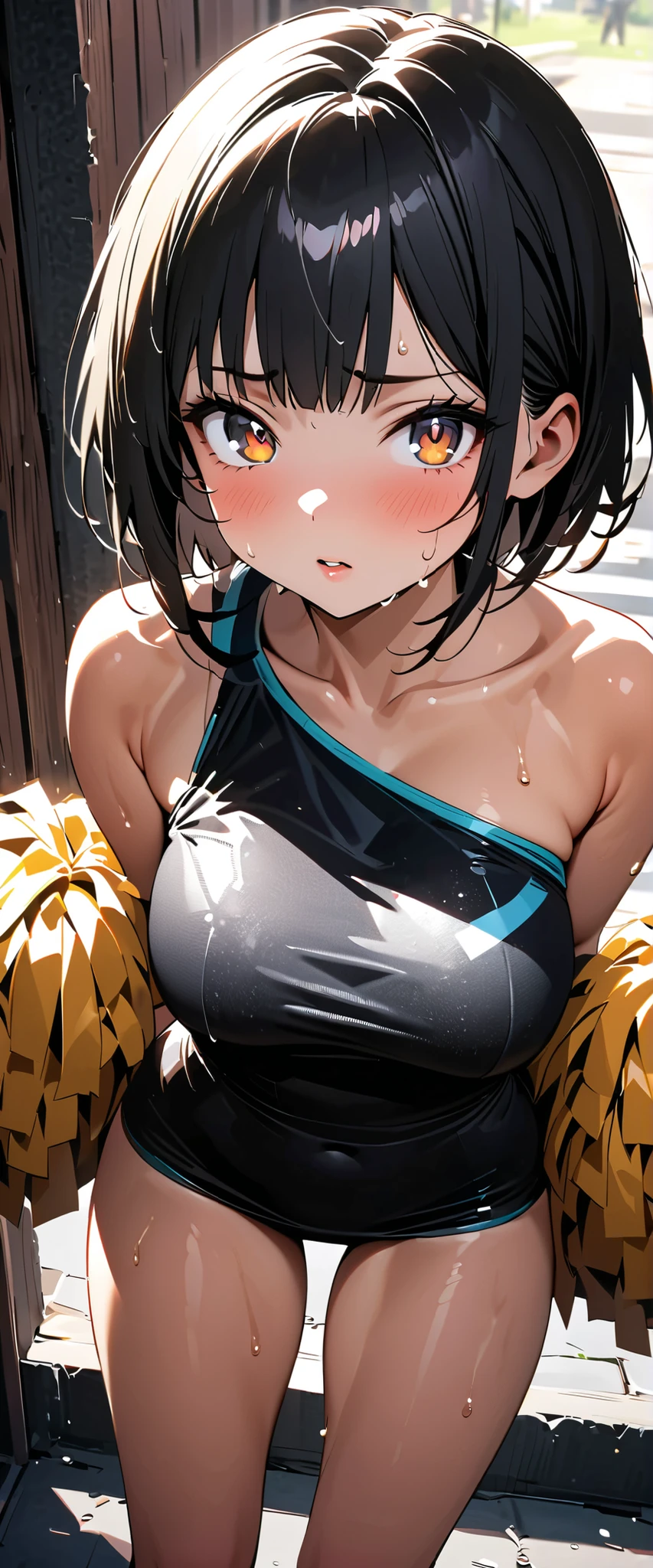 Ahegao by Sasaki Kanna, Yellow Tank Top, underboob, Sweat, Black hair twin tails, Big Breasts, Smile, Naughty smile, A foolish smile, Drooling, Sweaty big tits, Sweat dripping from the lower breast, A triumphant smile, Brown skin