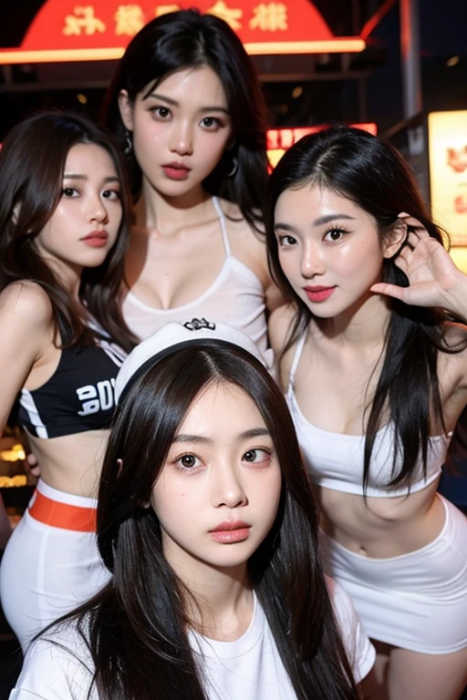 masterpiece, 4k, Bokeh, beautiful face, Harem, (multiple girls:1.4), (group photo:1.5), (Bunny:1.3), (white bob hair:1.3) , looking at the viewer, cowboy shot, Holding many cats in both hands, (neon yellow background :1.4), close