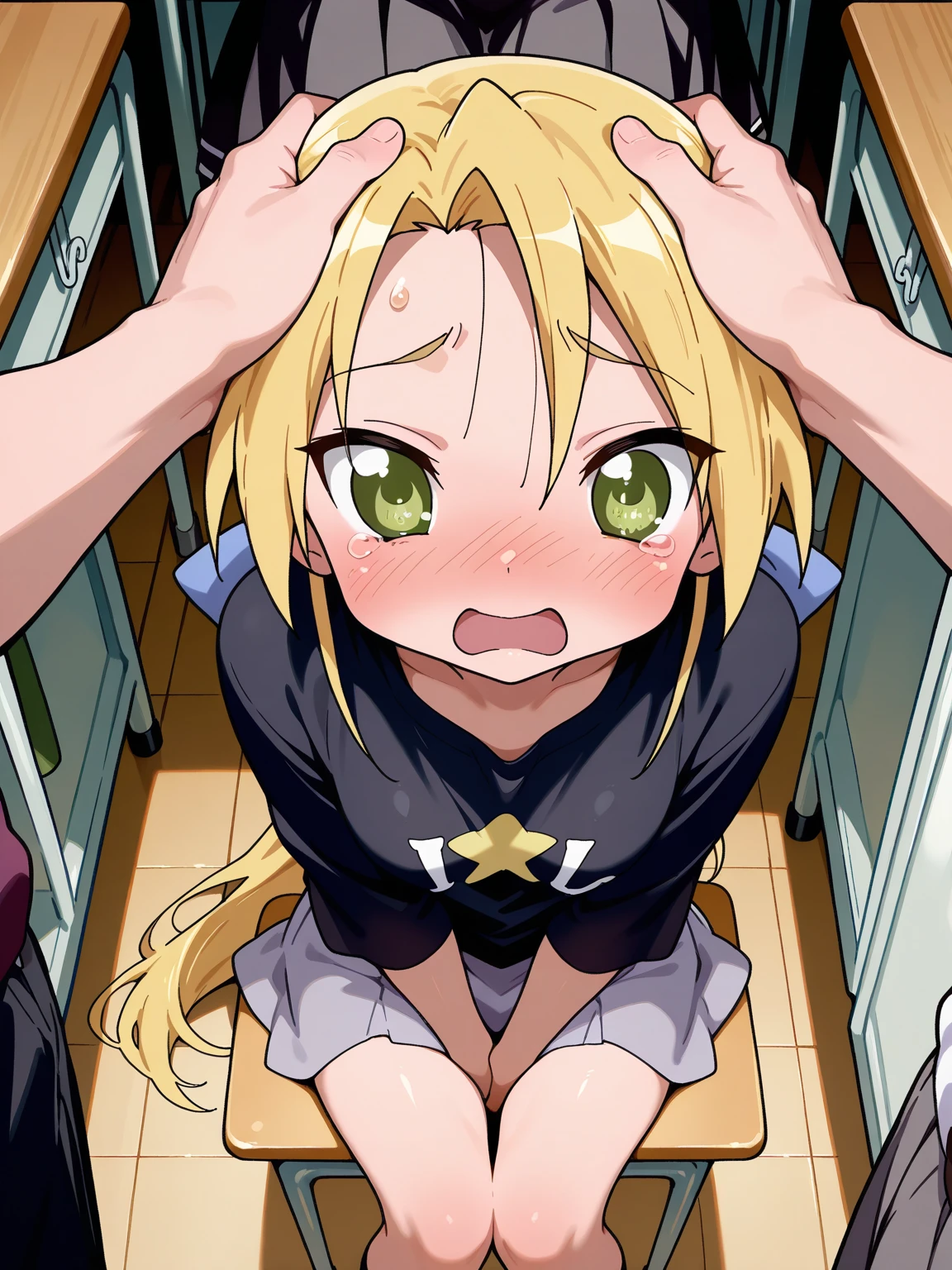 masterpiece, absurdres, 1girl, Lillie(Pokemon), length hair, messy hair, blonde hair, twin braids, breasts out,Bound, Bondage, (arms behind back:1.4), BDSM, tape, TAPE BONDAGE, close-up, srestrained, best anatomy, Curled up, angry face, shout, Upper body, blushing face, humiliation, desperate, (front), (men touching her), holding hair, pov hand pulling hair, hair played, hair toying, (men brushing her hair), tied to a chair