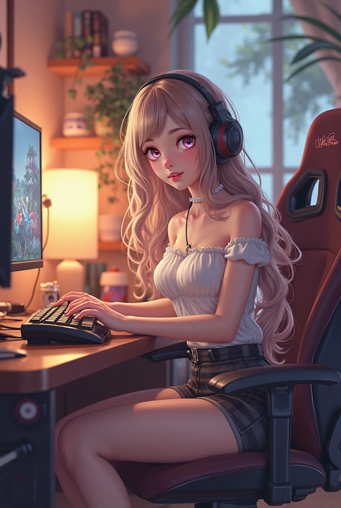 (anime, masterpiece, intricate:1.3), (best quality, hires textures, high detail:1.2), (4k) skinny, fit, fit female, photographic, fine texture, medium breasts, blonde hair, long hair, elf ears, blue eyes, detailed eyes, 4k eyes, long t-shirt, pajamas, gaming-room, gaming chair, monitor, computer, playing games, headphones, on chair, game controller, holding game controller, from side
