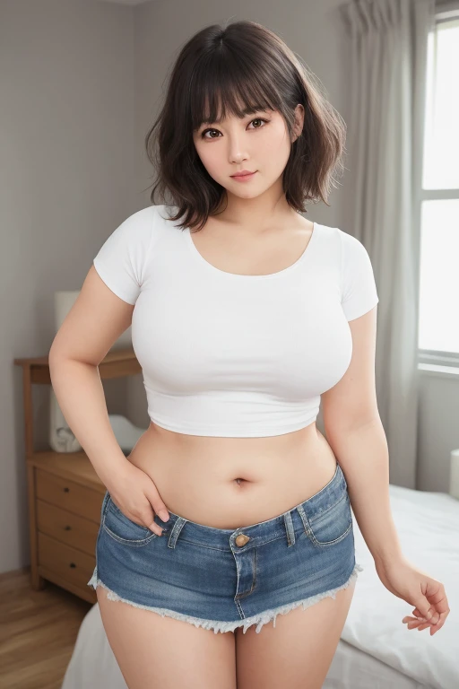 (masterpiece, best quality:1.2), (8K, best quality, masterpiece, Golden Ratio Composition,:1.3), woman, (Beautiful Japanese woman in her 40s), (90 kg obese woman), (Thick thighs), (雪白光滑的Long legs), (Wearing a white shirt,:1.2), (Huge breasts), (Long legs), Soft face line,Gentle,Silver short hair,