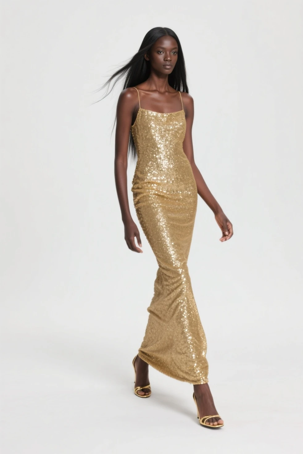 ((instagram photo)) full body photo of 28 year old beautiful ((African woman sexy elegant dress)) strong ((girlboss)) fierce in a ((posing on the runway)) (high detailed skin:1.2) 8k uhd, dslr, soft lighting, high quality, film grain ((amateur photo))