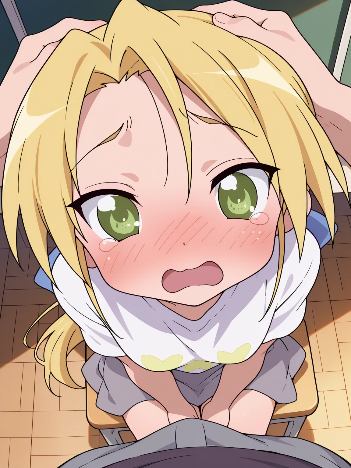 Long twin tails Blonde Long Hair A large amount of sweat is dripping from his forehead sunset Orange Room, small amount of rolled up tissue paper, Used crumpled small tissue paper, There are lots of crumpled dirty small tissues lying on the ground, Several small rolled up pieces of used tissue paper are lying around Heavy sweat on face,cold sweat,Sweat dripping from my forehead,Tears dripping from the edges of the mouth, Sitting on a dirty bed, A dirty futon with brown spots Dirty and old tatami mats ,tatami room, A lot of rolled up tissue paper , Garbage is very scattered, Very dirty bed, A room full of scattered rolled up trash, His mouth is grinning I'm holding back my laughter Embarrassing Big breasts that look like their clothes will rip off very large chest Extremely distended chest huge chest bulge Dimly lit room Sleeping on a tatami mat Scattered tissue paper Cute long sleeve sailor uniform with lots of frills sewn into the clothes Fine frill belly long skirt high school student Illustrated style Anime Style Frown Narrow Mouth Small lips Frightened face Baby Face beautiful girl Very cute clothes cheeks pink Long blonde hair Super Curly Hair Super long sideburns Clothes made of rubber material Gothic White Lolita Clothing Hair band Wet and transparent very long shocking pink silk skirt Pearl white silk knee socks Wearing a cute bra under her sailor uniform A lot of sailor ribbons Super Long Silk Gloves Detailed embroidery Big eyes Hanging eyes Stern look Shocking Pink Rouge Sweating profusely Crushed tissue paper White Long Boots She is wearing a cute salmon pink bra.