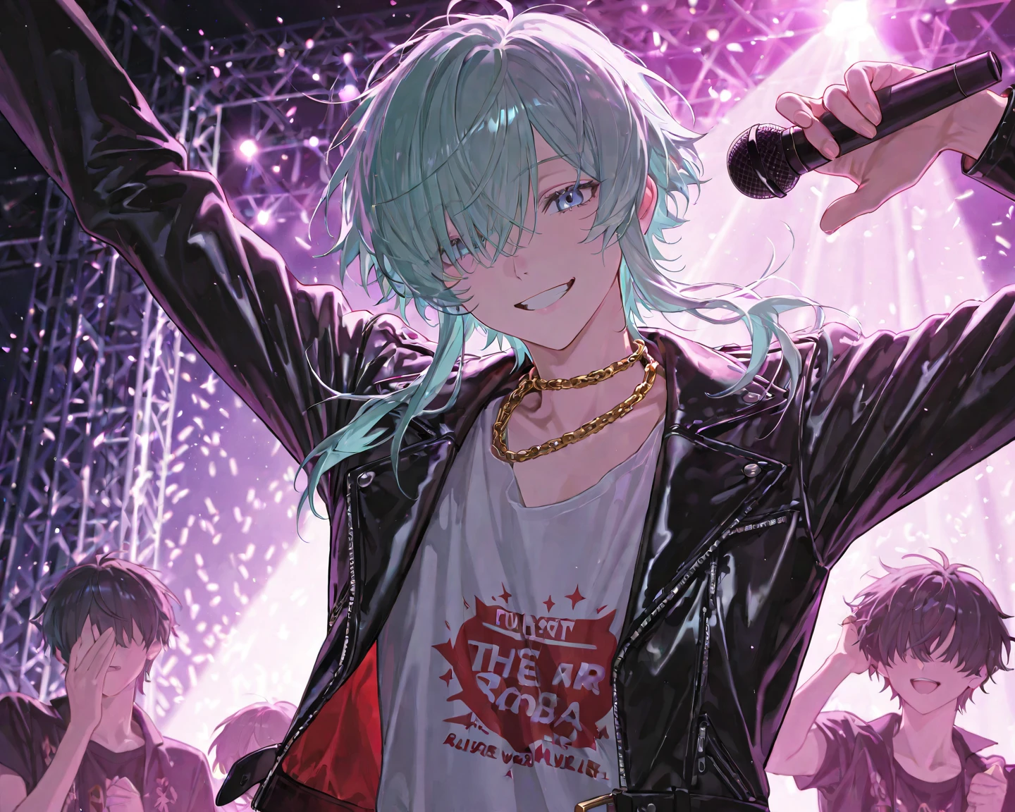 (((masterpiece,Highest quality))),(((A male anime character with a multi-colored, spiky hairstyle, sunglasses, and a somewhat revealing patent leather jacket and Visual Kei outfit.))),((Wearing a small hat at an angle)),(((Sitting on the drum set and playing))),(((Playing the drum set on a live stage,Sweating and laughing as he hits the ball))),Focus on the upper body,(high quality),アニメ,rainbow highlights hair,streaked hair