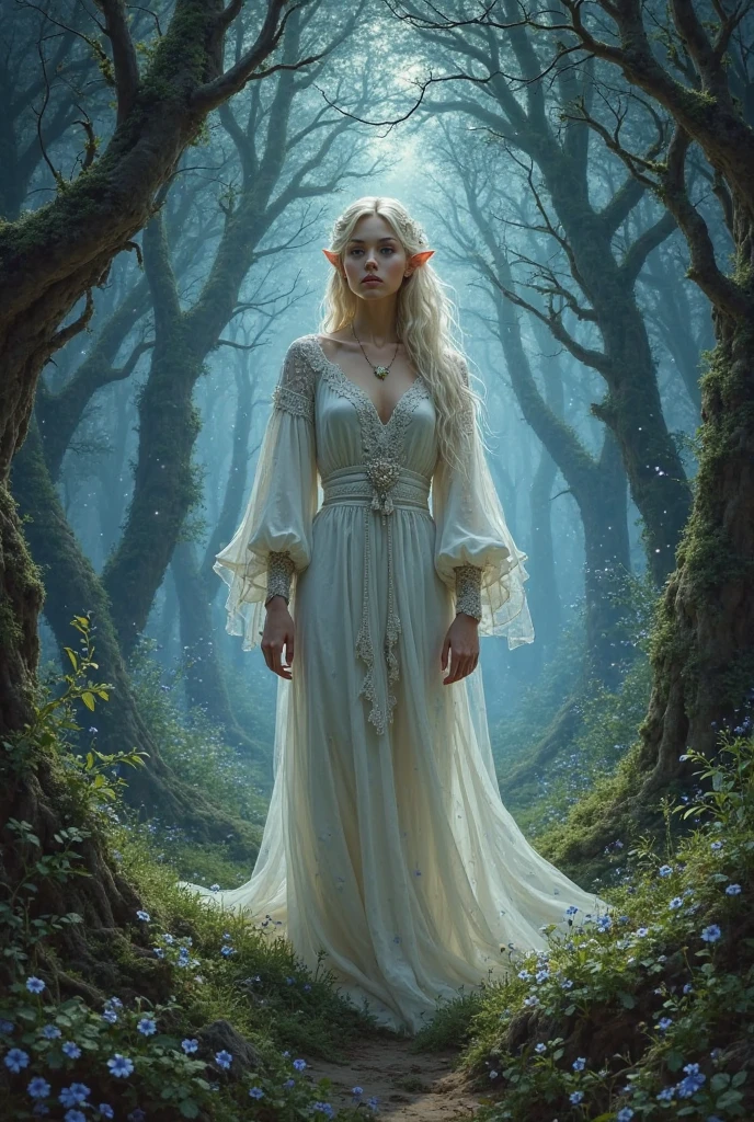 A beautiful elven woman stood in a dark forest surrounded by a starry ...