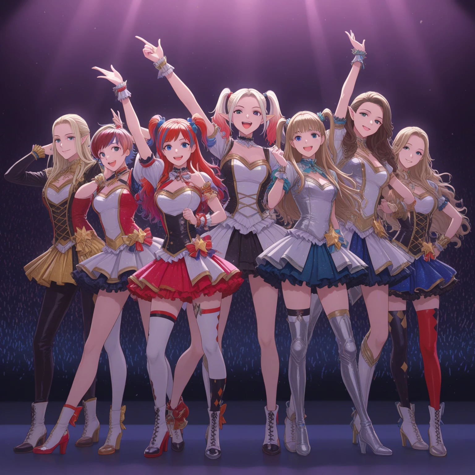 there are four girls in bikinis on a stage with a pole, tied up, tickles, bikini, alta resolução, feliz, contente, 4k, rosto detalhado, rostos bonitos, sorrindo, muitos detalhes, rosto bonito e detalhado