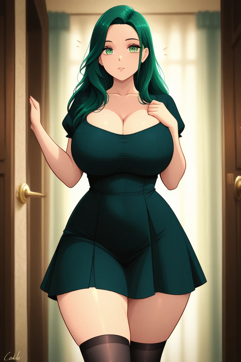 anime girl, beautiful, long green hair, blue eyes, hair clip, big breasts, cleavage, stylish black long-sleeved blouse, pleated skirt, choker, beautiful smile, hallway, blushing, mole on cheek