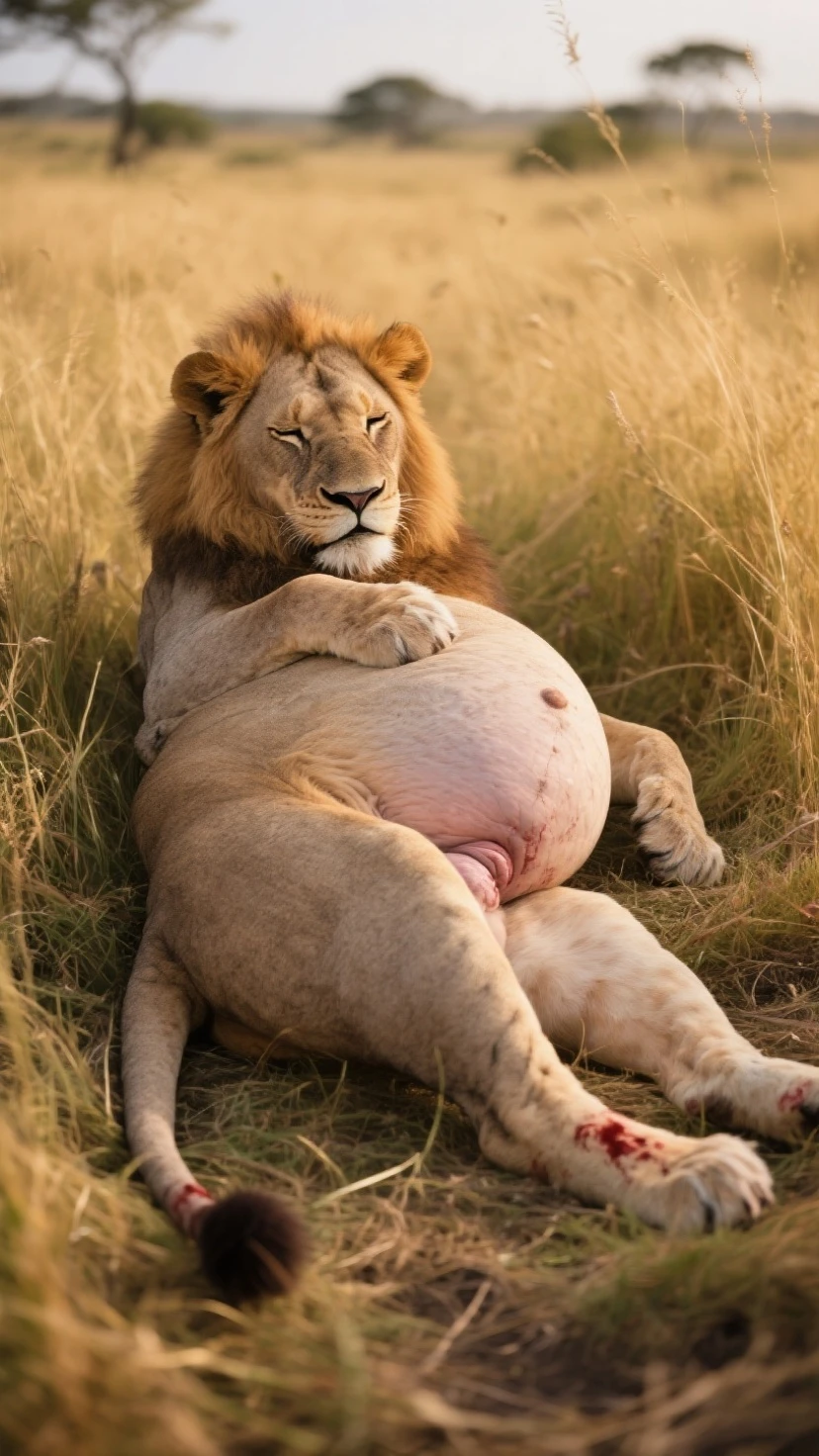 feral male lion looking at the viewer seductivly,fur,cute, lying on back,((feral lion, puffy tail anus)) ((((feral, huge flared penis, veiny flared penis, fat flared penis, thick flared penis, huge balls, saggy balls, pre cum, hyper belly inflation, fat, overhang))))tail simple background, jungle background,8k,4k,highres, view