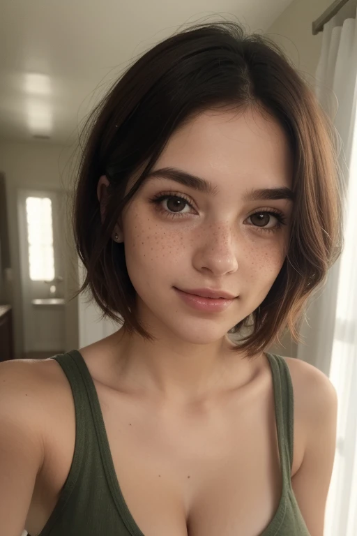 beautiful brunette, at the mirror smiling, freckles, Straight dark hair, detailed face, wear a bikini, ultra-realistic in a summer sundress