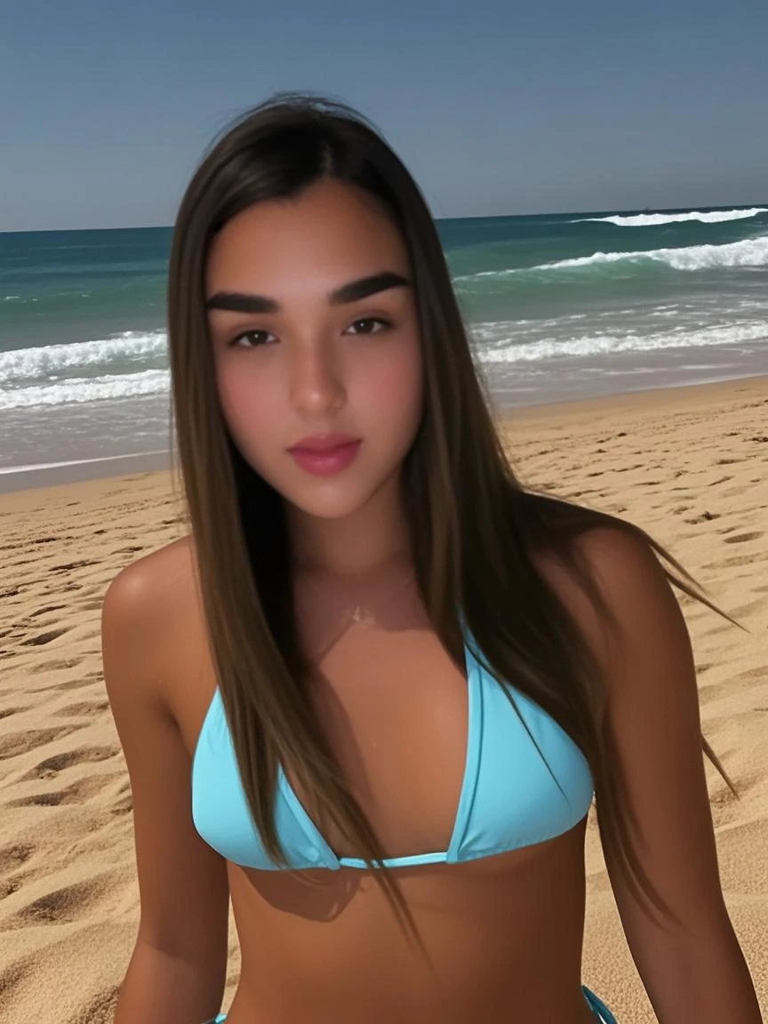 a selfie of a pretty young woman, Swimsuit outfit, Beach background