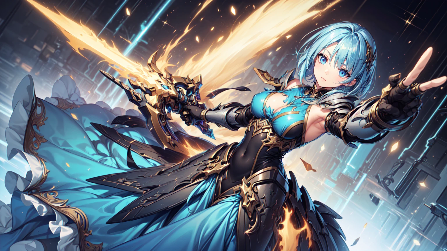 an action shot of a female fantasy game character wielding glowing blue and gold fist gauntles, wearing blue and gold armor, amazing quality, heaven in background, digital art, HD, masterpiece, best quality, hyper detailed, ultra detailed,
