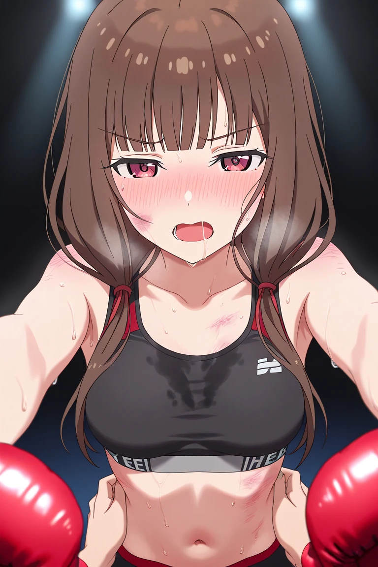 During a match with an opponent in the ring。Beautiful mixed martial artist。Crying with mouth wide open。Loss of fighting spirit。frightened。limits of physical strength。damage。Tattered。whole body。Sweat。muscle。six pack。scratch。Bruise。shortness of breath。