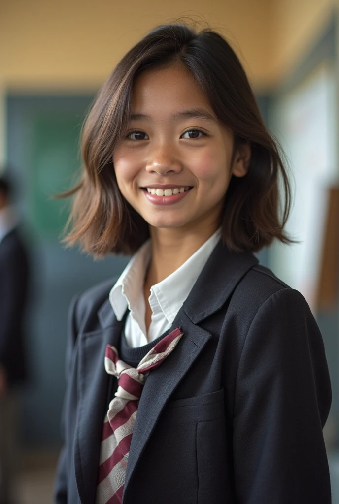135mm f1.8 lens, (best quality,4k,8k,highres,masterpiece:1.2),ultra-detailed,(realistic,photorealistic,photo-realistic:1.37),RAW photo,tabletop shot:1.1,beautiful 12 year old japanese girl,cute face,deeply sculpted face:0.7,freckles:0.4,nude,in classroom,shy,closeup shot:1.2,smiling,natural lighting,(((Nsfw))),nipples,hands on hips