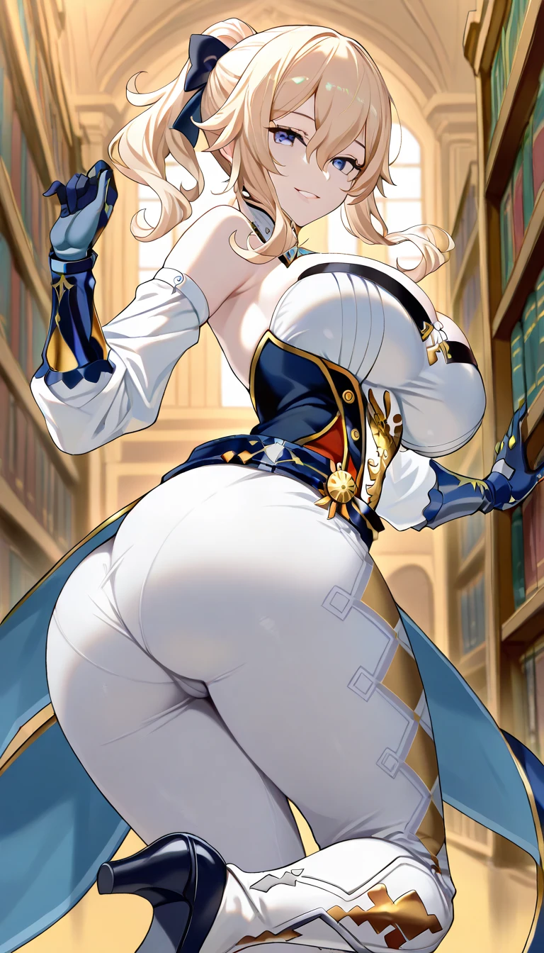 Elaborate CG artwork, (best qualtiy, exquisite detailing, absolute masterpiece), (Head to Toe Image)), ((Full body image)),((frombelow,posterior view)),(plus size model)),((White tight military uniform and white pleated mini skirt,White high-heeled thigh boots)), (((mahogany colored dark skin))), ((shorth hair)),(独奏,Beautiful with mahogany black skin、Immaculate costume、Wear white high-heeled thigh-high boots),(((Light silver hair))), Detailed beautiful mature face, very detailed beautiful face and eyes, (detailed seductive and sharp eyes), (plump shiny purple lips)), (Purple Eye Shadow), blush, (sadistic seductive smile), (Curvaceous), ( unbelievably huge curvaceous hips), (very huge sensual ass), (ridiculously massive thick thighs), (glittery skin), (wet oily skin), Fingernail Art, Jewelry, Bracelet, hoop earrings