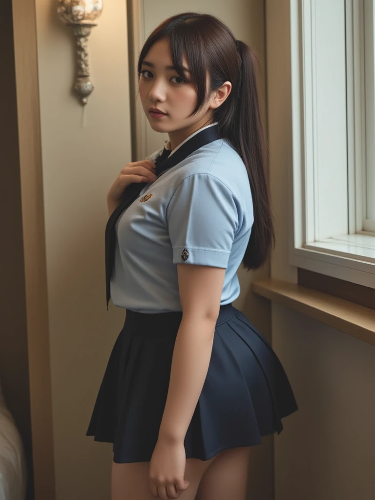 Asian woman in school uniform posing in front of a blackboard, a hyperestudante realista, wearing uniform japanese schoolgirl, hyperestudante realista, uniforme escolar japonesa, vestindo uniforme escolar, uniform japanese , estudante realista, garota vestindo uniforme, Bonitinho , vestindo um uniforme escolar, uniforme jk, da escola, coreana, (1 olhos azuis cabelo preto claro), big ass big breasts until wait wearing, (mini sexy swinging skirt round: 1.3), poses variadas, decote