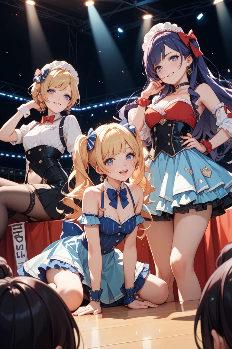 nsfw,masterpiece,best quality, absurdres,perfect anatomy,beautiful face, looking at viewer,blush,smile,medium hair,open mouth,bangs,skirt,brown black hair,thighhighs,bow,holding,bare shoulders,brown eyes,standing((topless big breasts))censored(3girls)bowtie,armpits,clothes lift,black footwear,arm up,high heels,two side up,uncensored,detached collar,sleeveless blue dress,garter straps,blue bow,red dress,standing on one leg(microphone)music,pussy,singing,idol,stage,stage lights((sweat))