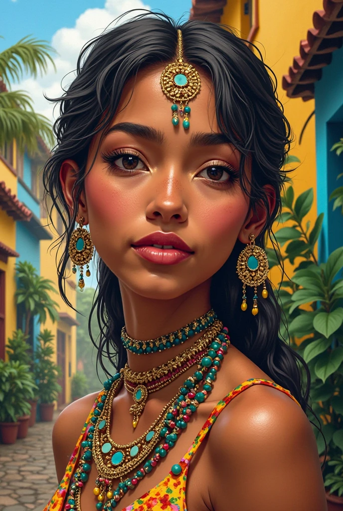 1 Caribbean woman, dark eyes, smaller head, toned body, big boobs, head turban, traditional bohemian costume, Masterpiece, ultra HD, raw photos, 8k, professional photographer, photometric lights, sharp focus, realistic, proportional body, perfect hands, insane details, dynamic poses, dynamic angle, pastel color palettes
