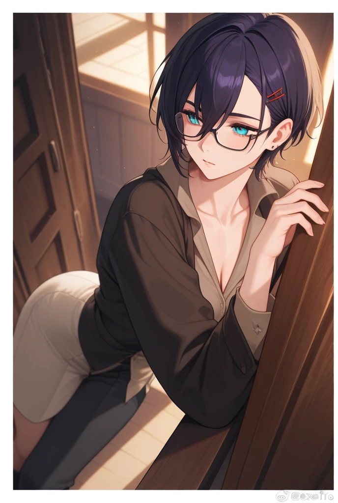 ultra-detailliert, Best Quality, High resolution, ((1girl in)), Looking at Viewer, pale skin, Petite, (bath robe), (Very short hair), (flat chest), (Glasses),  (blush:1.2), Blue eyes, Happy smile, NSFW, a bed、A dark-haired、