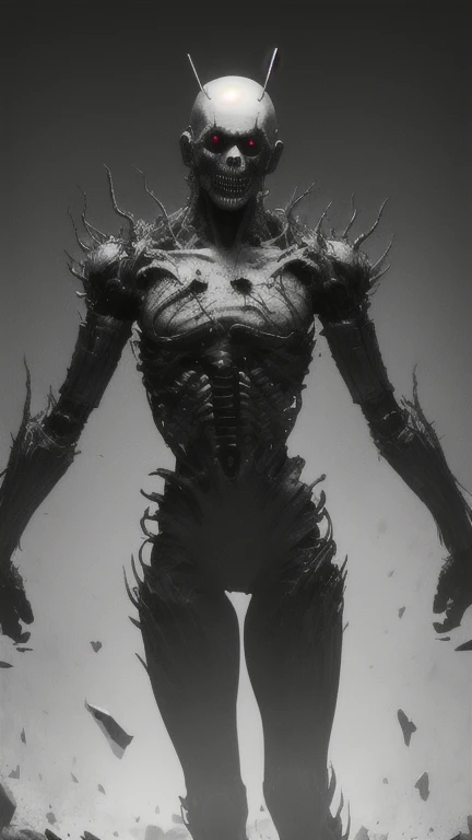 A zombie with a pale face and a decaying body, protruding eyes, teeth turned outwards, twisted body, arms extended towards the camera, ribs partially exposed, belly broken, intestines turned outwards, refined, standing next to a Chinese cemetery. The background is a night sky, with blood colored black clouds and a full body view. In front of it are decaying corpses and white bones