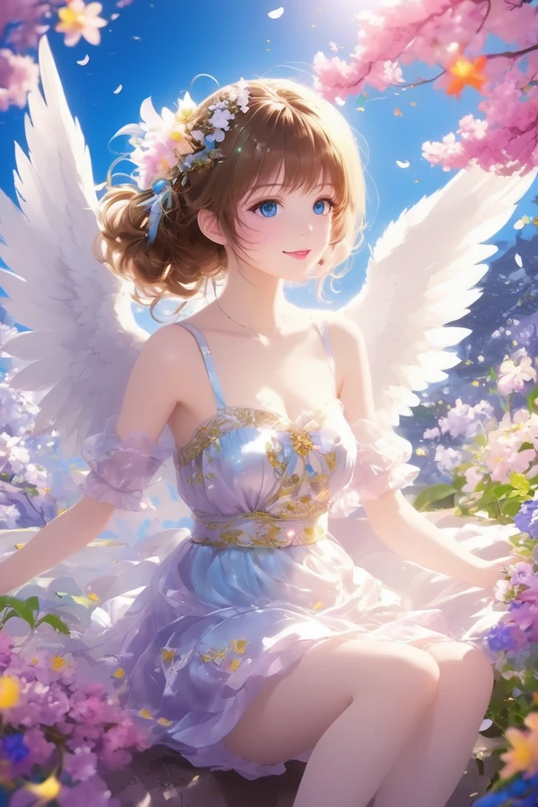 top quality, pastel painting, gentle atmosphere, twin girl angel, cute, Big breast, white wings, smiling happily, brown short hair of different colors, one with blue eyes, one with green eyes, dresses of different colors, flower hair ornament, upper body, looking at the viewer, space, meteor, light,
