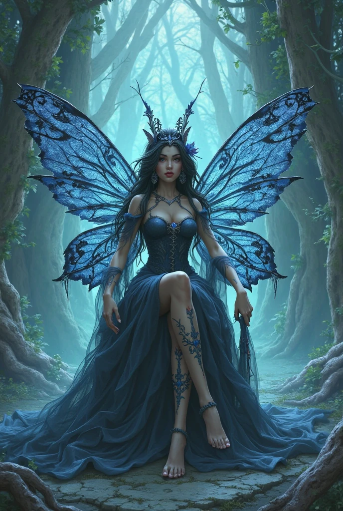 and gagged, while a mystical forest surrounds them. The fairy has sparkling wings and is wearing a tattered dress. The female thief has a mischievous expression and is dressed in all black, wearing veil. The rope is tightly secured around the fairy's wrists and ankles, with the ends hanging loose. The gag is made of a soft fabric, covering the fairy's mouth. The mystical forest is filled with vibrant and colorful flowers, towering trees, and rays of sunlight streaming through the canopy.