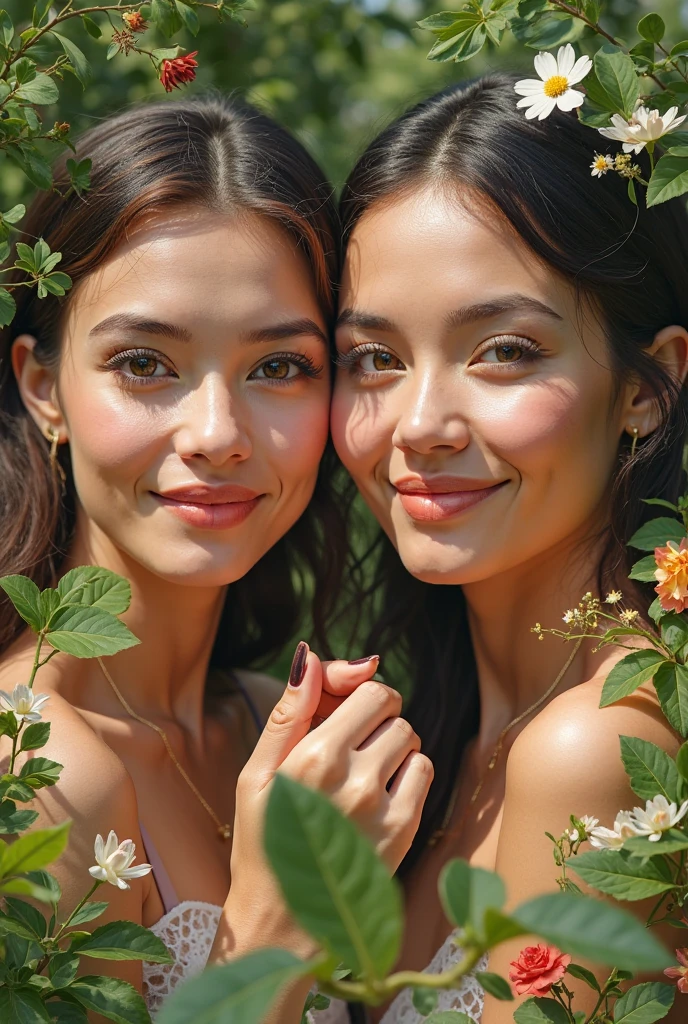 ((Best Quality, 4K, 8K, High Definition, Masterpiece: 1.2), (Ultra Detailed, Photorealistic, Portrait: 1.37), Detailed eyes and lips, beautiful face, exquisite makeup, charming and charming two mixed-race teenage girls, bright colors, soft lighting, girls in the garden, lush leaves, flowers in full bloom, stunning Dutch scenery, laid-back atmosphere, seductive gaze, seductive pose, about to spill Breasts, visible nipples, admiring tourists, satisfied smiles, happy laughter, harmonious composition, looking for fun, seductive charm, seductive atmosphere, scenic beauty, photo realistic Rendering, artistic excellence, highlighting the feminine charm, vivid color palette, luxurious setting, vibrant energy, expressive personality, charming expression, highly detailed moist skin texture, She exudes a terrifying sexual charm that no one can resist (NSFW:1.2)