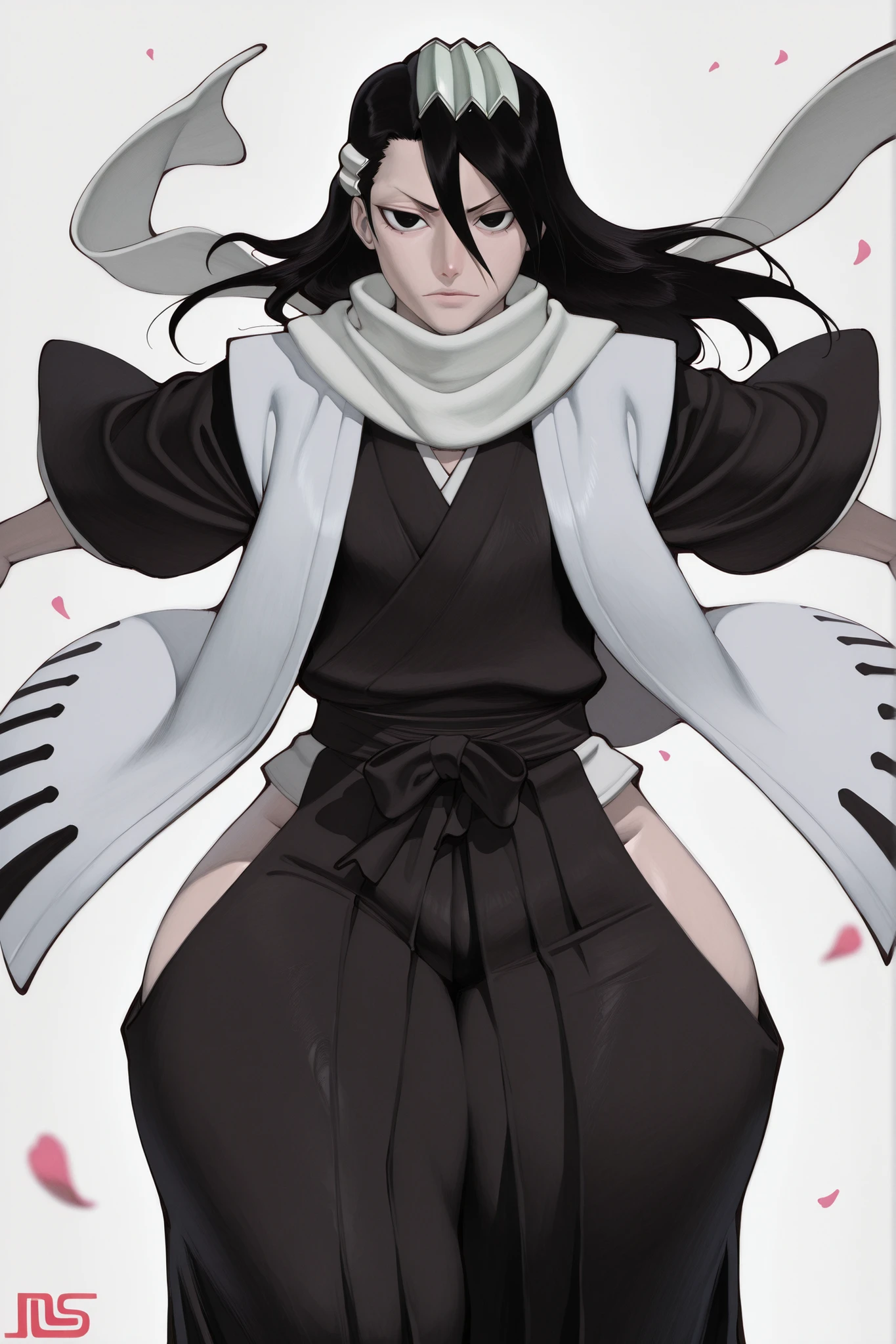 (yoneyama mai:0.8),(watercolor art),realistic,(anime lines:0.7), score_10_up, score_10, score_9_up, score_9, materpiece,amazing quality, high quality,best quality, very awa, highres, absurdres,uncensored,very aesthetic, gritty aesthetic, hand-drawn, manga, dynamic shading, textured hair, BREAK,
1man, solo, femboy focus, byakuya_kuchiki, black hair, black eyes, long hair, hair between eyes, scarf, japanese clothes, haori, hair ornament, hakama pants, petals, wide hips, doughy thighs, bubble butt, thick thighs, standing, dynamic pose, dramatic shot, dynamic shot, blank background, looking at viewer, face focus, facing viewer, white background
BREAK, detailed illustration, detailed background, detailed eyes,depth of field,
materpiece,amazing quality, high quality,best quality, very awa,very aesthetic,