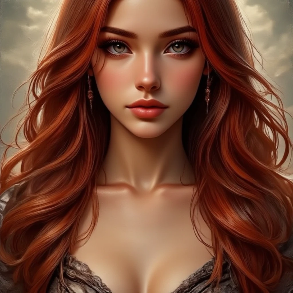 ((realistic:1.5)),((best quality)), ((masterpiece)),((detailed))a powerful sorcerous woman, beautiful, long red hair, stern, by Frank Frazetta, by Luis Royo, by boris vallejo,