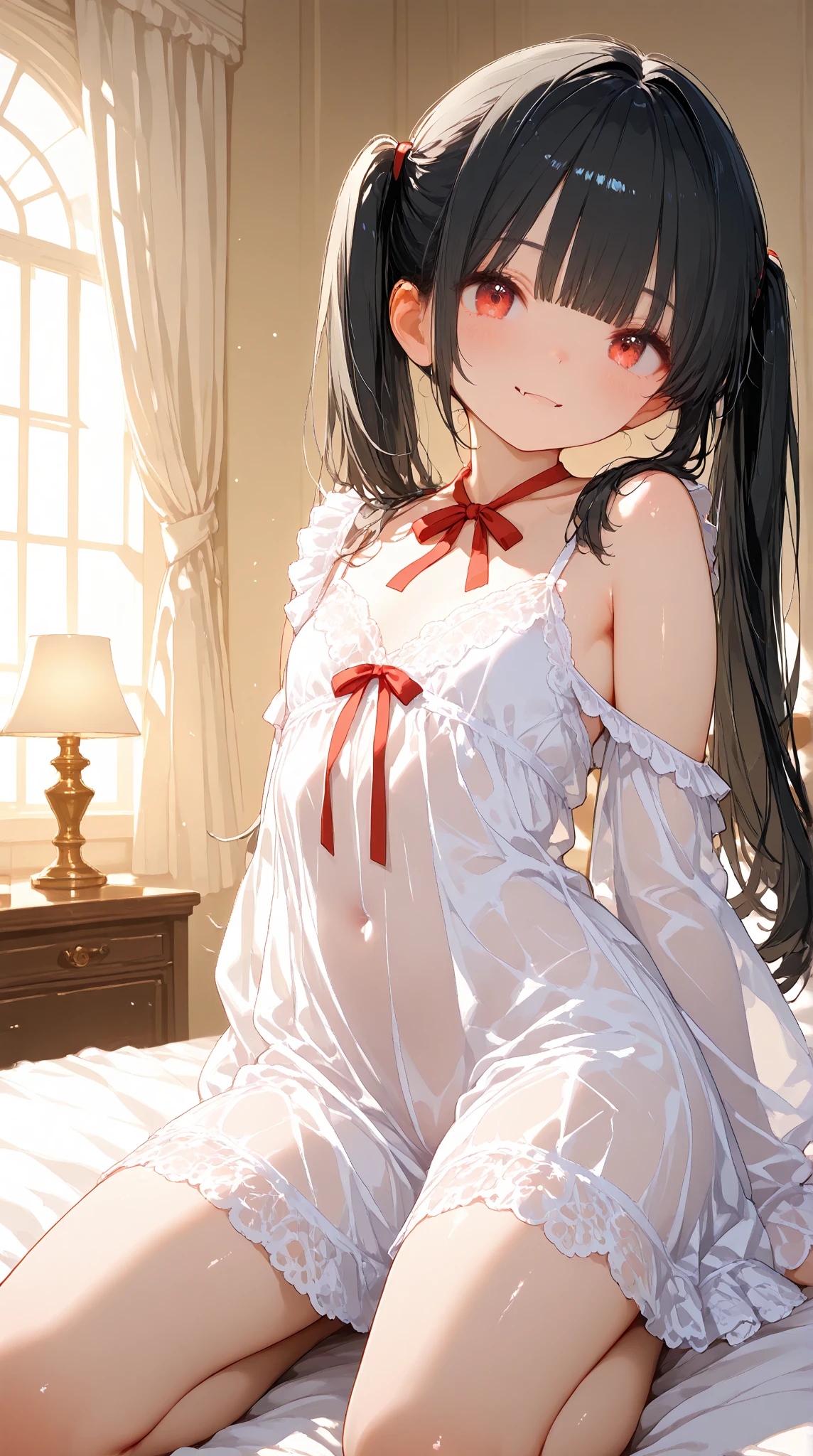 (relax fat:1.2 style), (solo:2, 18 yo, straight black hairvery long hair beautiful sadist girl, beauty red eyes, smile, glossy lip, lie on bed), in a negligee, break, in the princess bedroom, BREAK, perfect anatomy, masterpiece, best quality, 16k, beautiful detailed grow, daydreaming expression.