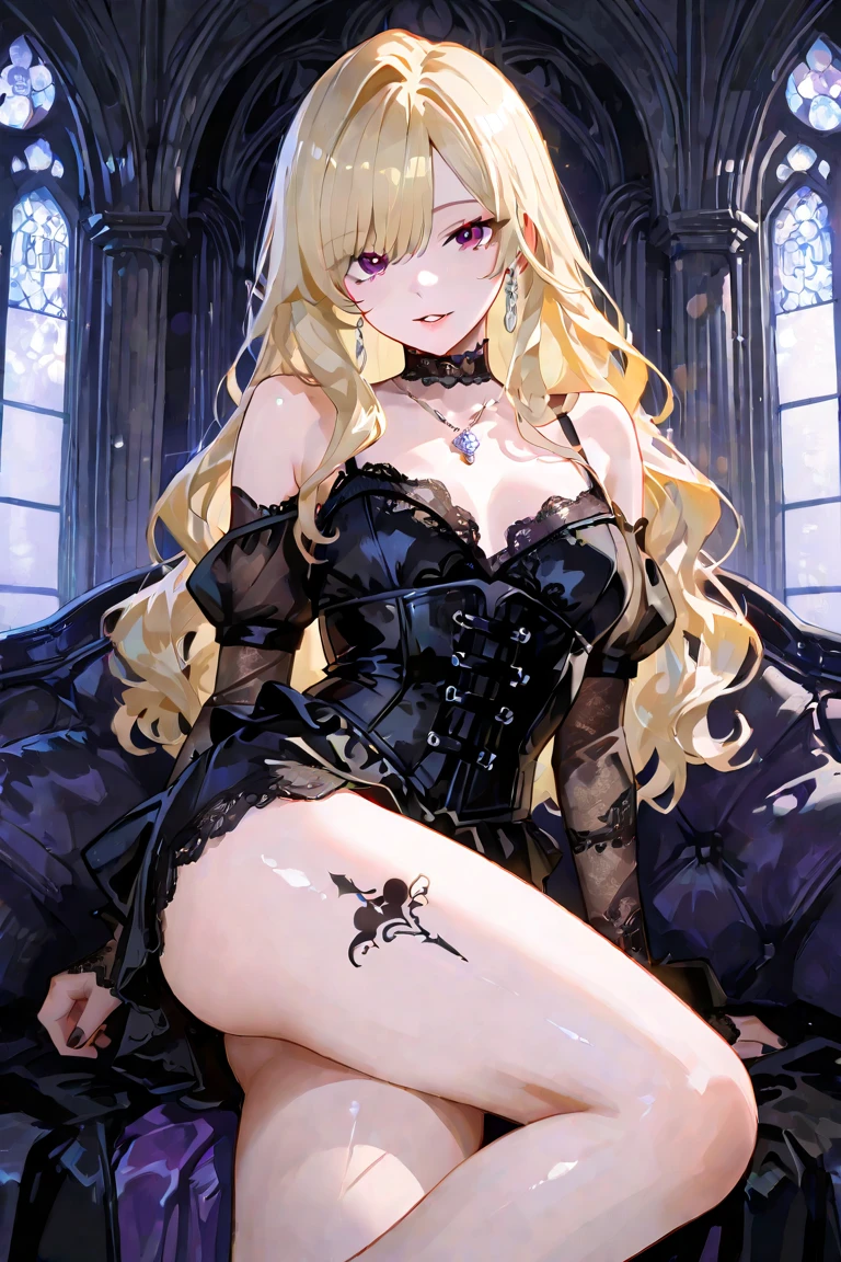 1girl, anime, cute girl, blank background, white background, fantasy, detailed fantasy dress with highlights, beautiful face, beautiful eyes, dark colors, black hair with multicolor streaks, red eye with different color pupil in eye, multicolor eye, medium small breasts (slightly big), slight cleavage, beautiful skin, cute, breast curtains, extremely delicate and beautiful, (beautiful detailed face:1.0), (detailed deep eyes), symmetrical breasts, deep eyes, shiny skin, portrait, slender waist, hips wider than shoulders, thighs, expressionless, young girl, luminous eyes, adorable,(Kpop idol),(aegyo sal:1),(Platinum blonde hair:1),((puffy eye)),Black panty,sexy posture,Superskirt, ultra high resolution,Black collar,slim figure, Abdominal y tattoo, womb tattoo,Tight-fitting leg ring,y tattoo on half-body,Bare skin, Armored hand,Hidden fingertips,Hand covered,Arm covered,Fist covered,{{beautiful detailed fingers}}, tufts of hair, moderate beautiful breast:1.0,(masterpiece:1.2), best quality, high-res, HDR, perfect face, intricate armor, delicate blue filigree, intricate filigree, red metalic parts, detailed part, dynamic pose, dynamic lights,