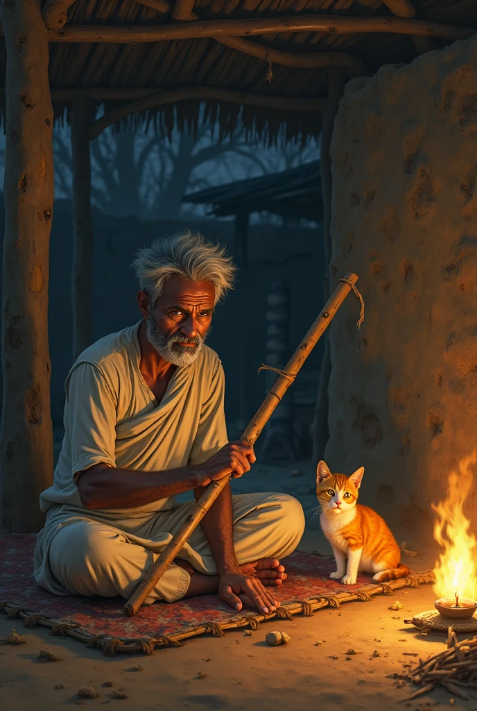 Photorealism 1.4 realistic realism high detailed definition  Malaysia native aboriginal orang asli old man sitting and smoking wear short shirtless dark skin kitten  beside evening mode curly messy hair dark skin necklace and hand accessories from rattan clean shave smoke effect clear images 8k