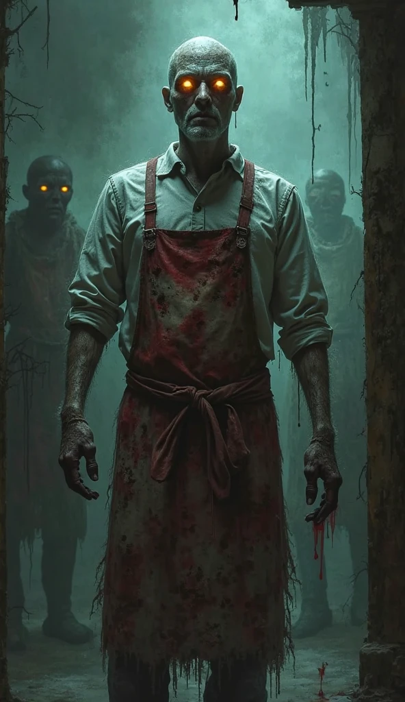 White butcher man with vultures on his shoulder