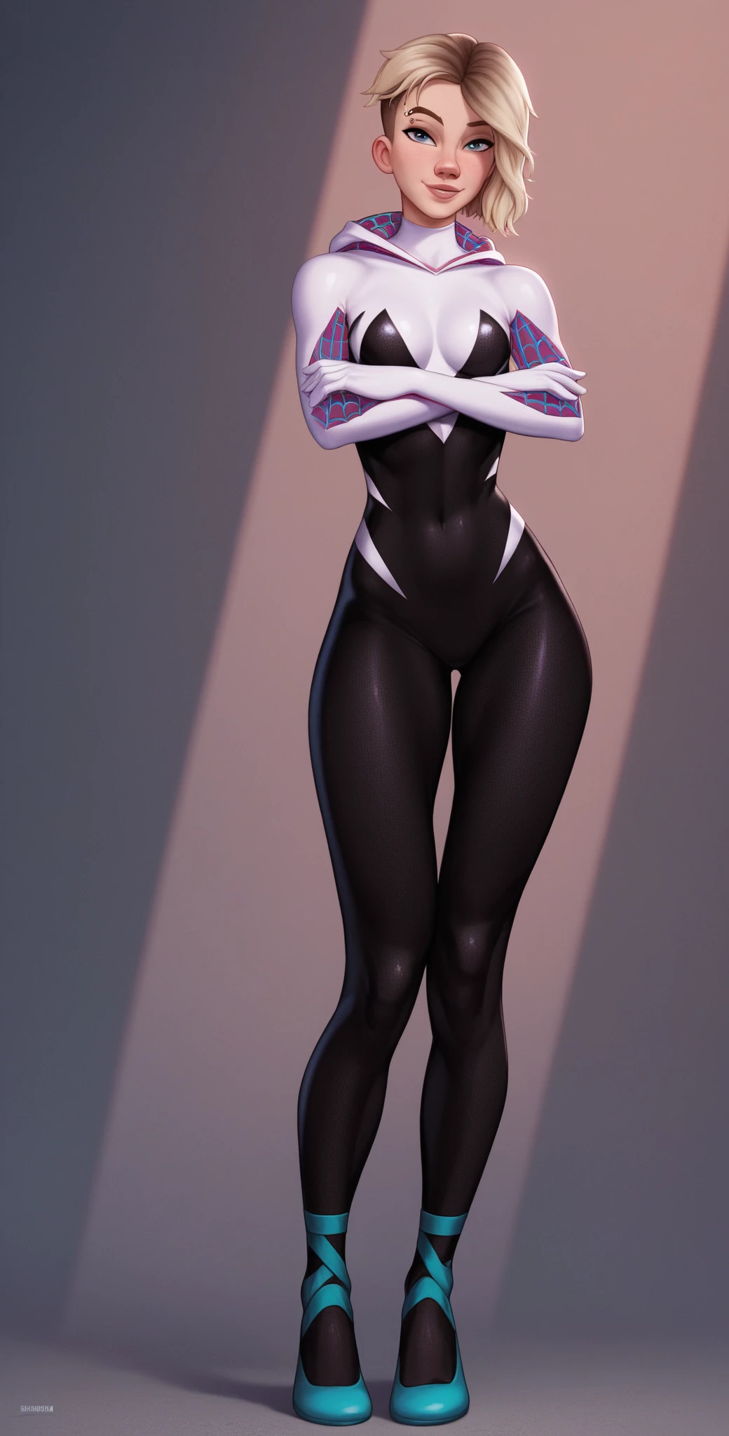 (Highly quality, masterpiece, detailed), city detailed scenario, city detailed background, solo, Gwen, blonde hair, multicolored hair, short hair, hairband, crop top, web-print, hood down, gloves, navel, on top of a building, perfect face, beautiful eyes, look at the viewer, Sexy pose