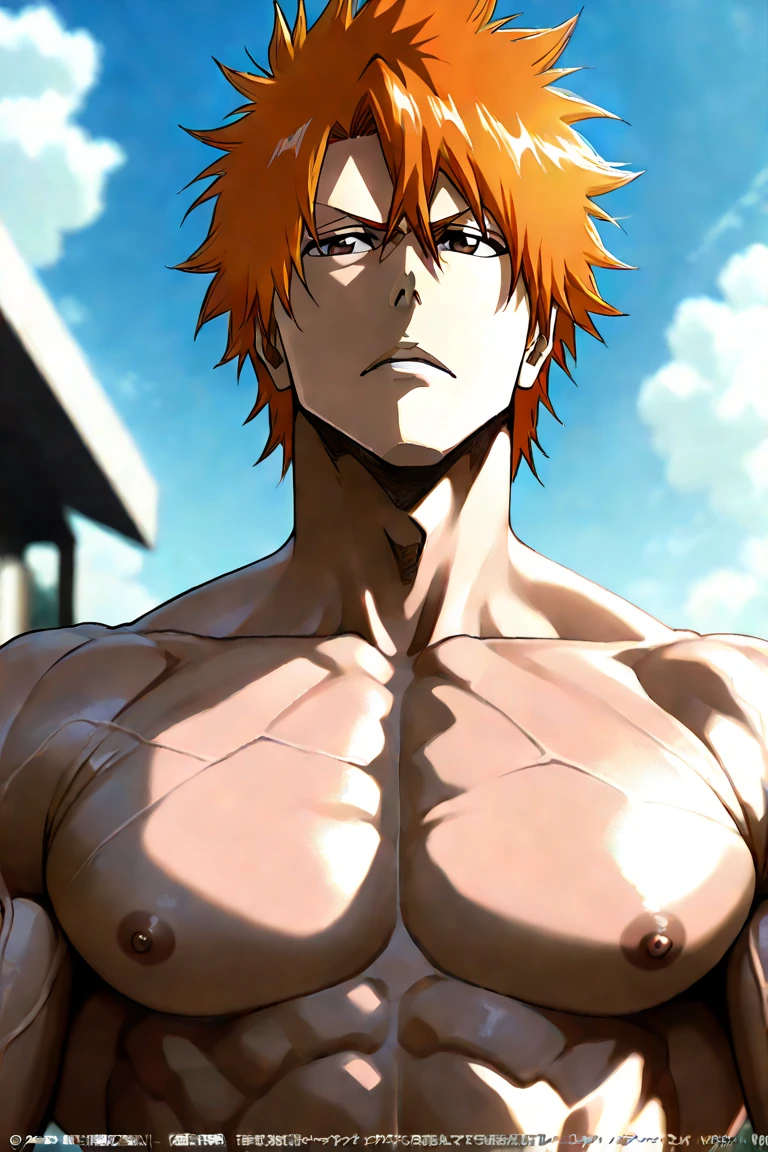absurdres, highres, ultra detailed, HDR, master piece, best quality, extremely detailed, Kurosaki Ichigo, orange hair, expressive brown eyes, Bleach, solo, sexy man, handsome, horny, bare chest, toned chest, island, sea, beach