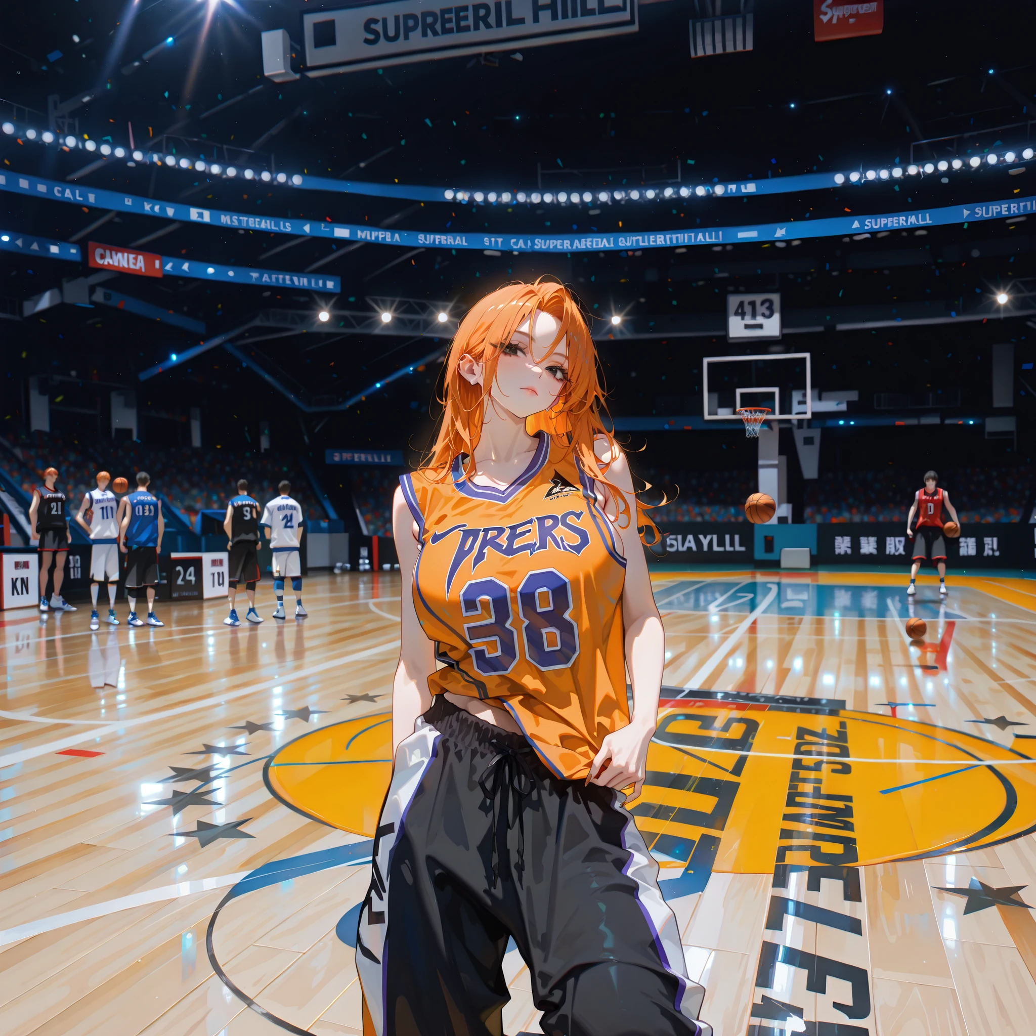 (SuperQuality:1.0) ~ (SuperQuality:1.2), detailxl, 1girl, solo, High Resolution, Best Quality, High Details, Super Detailed, orange hair, black eyes, long eyelashes, Lakers jersey, baggy pants, long nails, large breasts, basketball court,