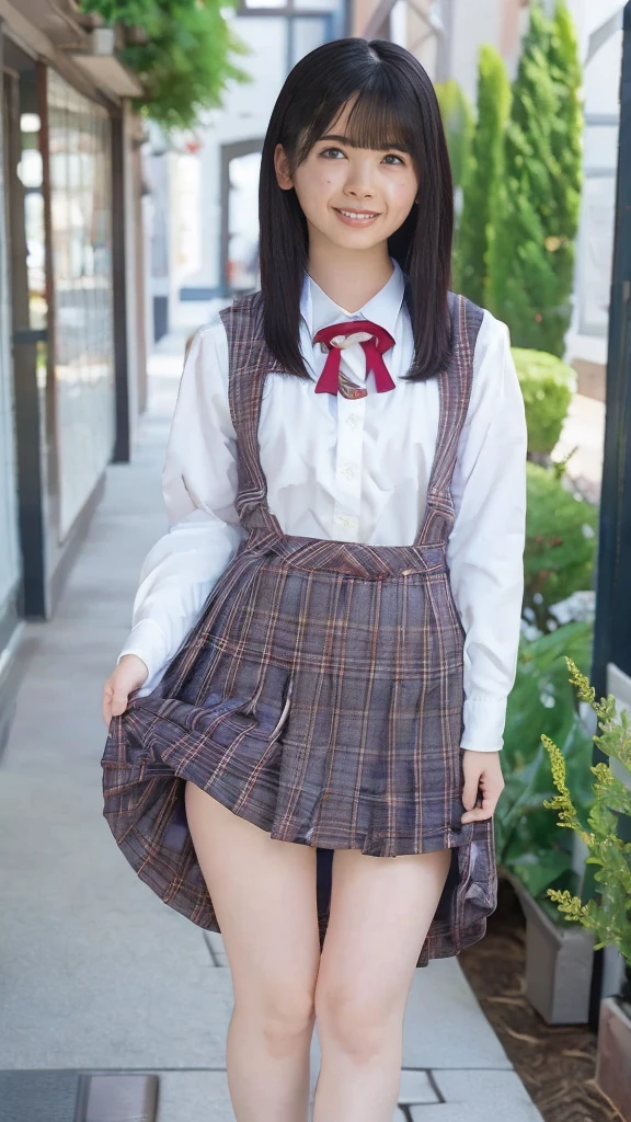little young girl.................,, in front of the school、Connect to skirt with suspenders、White shirt with long sleeves、Plaid skirt、Lori, , sakimichan,, nice and cute, Innocent smile, , Lovely smile, sakimichan HDRI、loli big boobs、,(Huge breasts:1.20),(Beauty Big 1:1)、a blond、a blondの髪、Blue eyes、little girl with short bob、Pose cutely