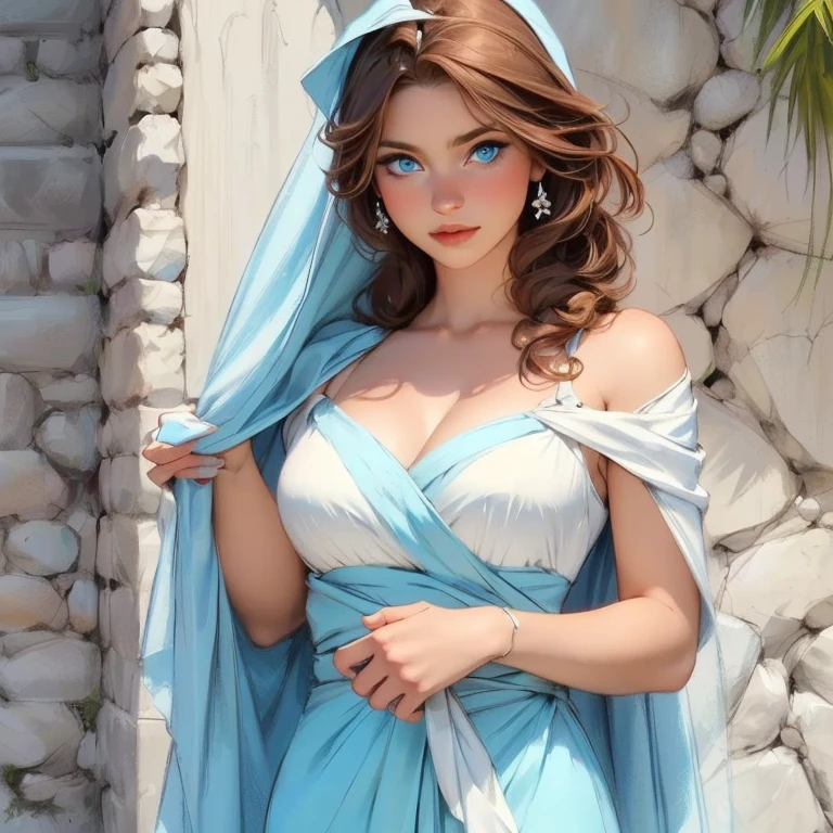 (very slender, incredibly toned body:1.3), wide hips, huge perky ass, very tanned white skin, long jet black hair, hair in crown braid, blue eyes, (most beautiful Mediterranean woman on earth, detailed face and eyes:1.5), looking at viewer, masterpiece, best quality, shallow depth of field, 8K HDR, huge breasts, 85mm photo, shallow depth of field, tack sharp, solo, 1girl, (extremely close to camera, downblouse, cleavage:1.2), centred in frame, facing camera, from the front, plump full lips, exaggerated hourglass physique, zero body fat, muscle definition, striations, broad shoulders, deltoids, tiny waist, long lean torso, real hands, (extremely seductive, ancient Greek goddess, white toga, flirtatious smile, mount olympus, starry night, dark setting:1.2)