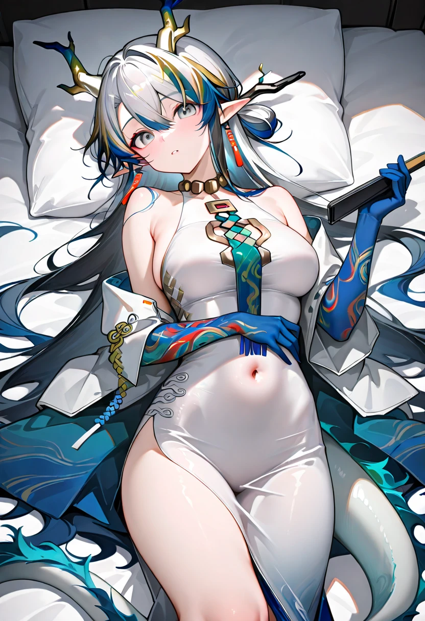 1milf, long sharp light-blue hair, sharp blue eyes with sharp star pupils, wears a white royal uniform overlaid with blue, she is a dragon girl and queen of dragons, medium boobs, 8k, beautiful scenery colour, she is very hot dragon milf ((milf face)) ((yandere))