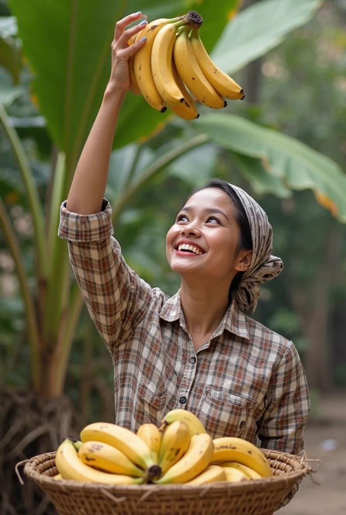 an Indonesian woman,slightly plump body,short t-shirt and skirt,sitting in a banana plantation on the edge of the village,bring a big banana full of mayonnaise liquid,An expression of exhaustion,climax satisfied smile