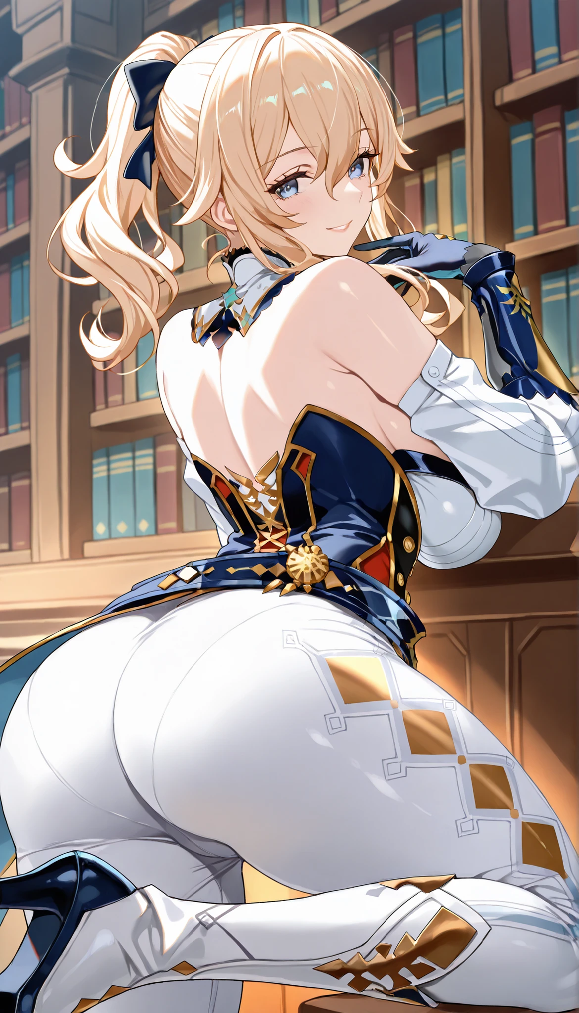 library, huge ass, Score_9, score_8_up, score_7_up, score_6_up, source_anime, rating:general, 1girl, beautiful woman, mature, beautiful body, huge oppai, curvy, white skin, looking at viewer, showing the ass, excited, seductive look, seductive smile, sexy pose, slut, 1 girl, jean \(genshin impact\), breasts, blue eyes, blonde hair, long hair, hair between eyes, ponytail, gloves, bow, hair between eyes, ponytail, hair bow, sidelocks, belt, pants, detached collar, white pants, tight, panty lines under pants, bare shoulders, high heels,