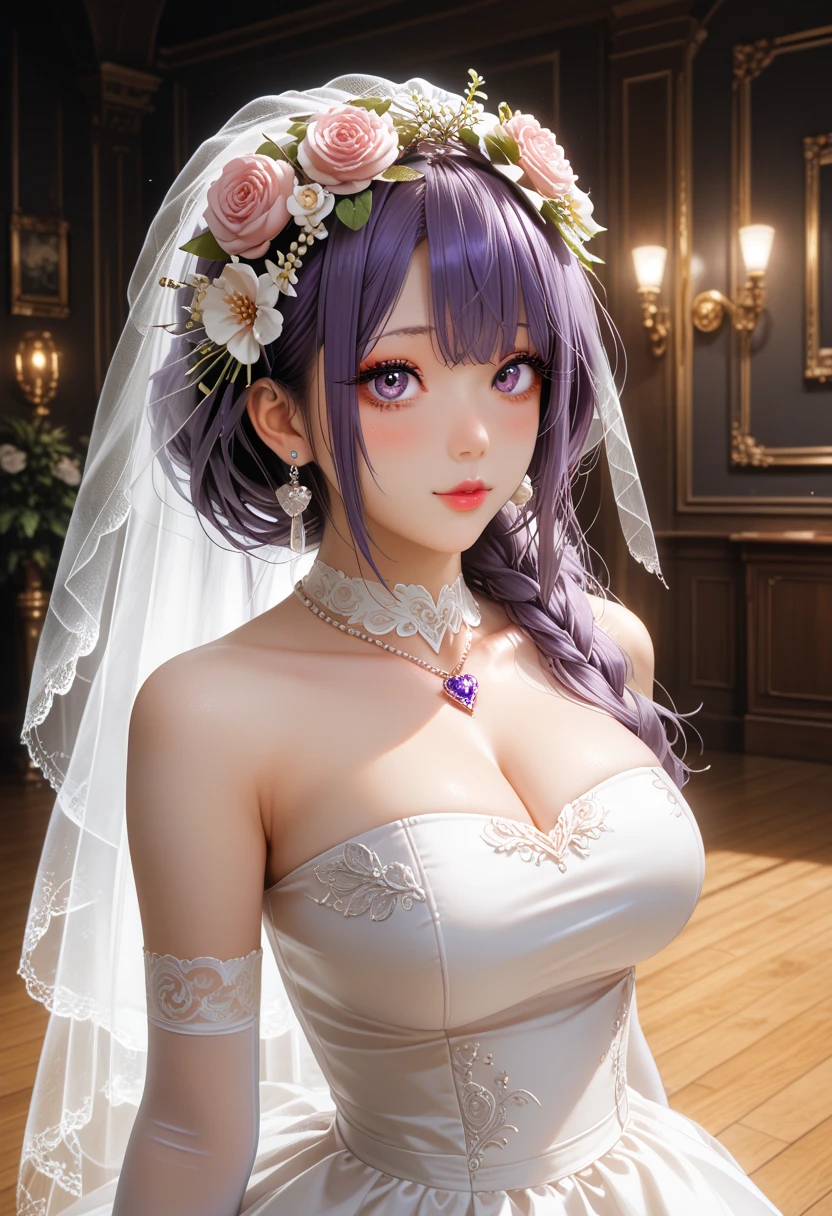Masterpiece, Top Quality, Highly Detailed, High Resolution, Expensive Resolution, High Resolution, 4K, 8k, Unity 8k Wallpaper, Highly Detailed CG, Masterpiece, 2D, 3D, Beautiful Details, Depth, Fine Texture, Top Quality: 1.3, Perfectly Focused, Crisp Skin, Him, Very Cute Anime Girl, Bikini Style Wedding Dress, Wedding Veil with Hibiscus Decoration, Large Breasts, Pink Medium Long Hair in Expensive Clothes, Mole Under Eye, Looking at the Viewer, Expensive, Blush, Mole, Open Lips, Heart, Pink Eyes, Choker