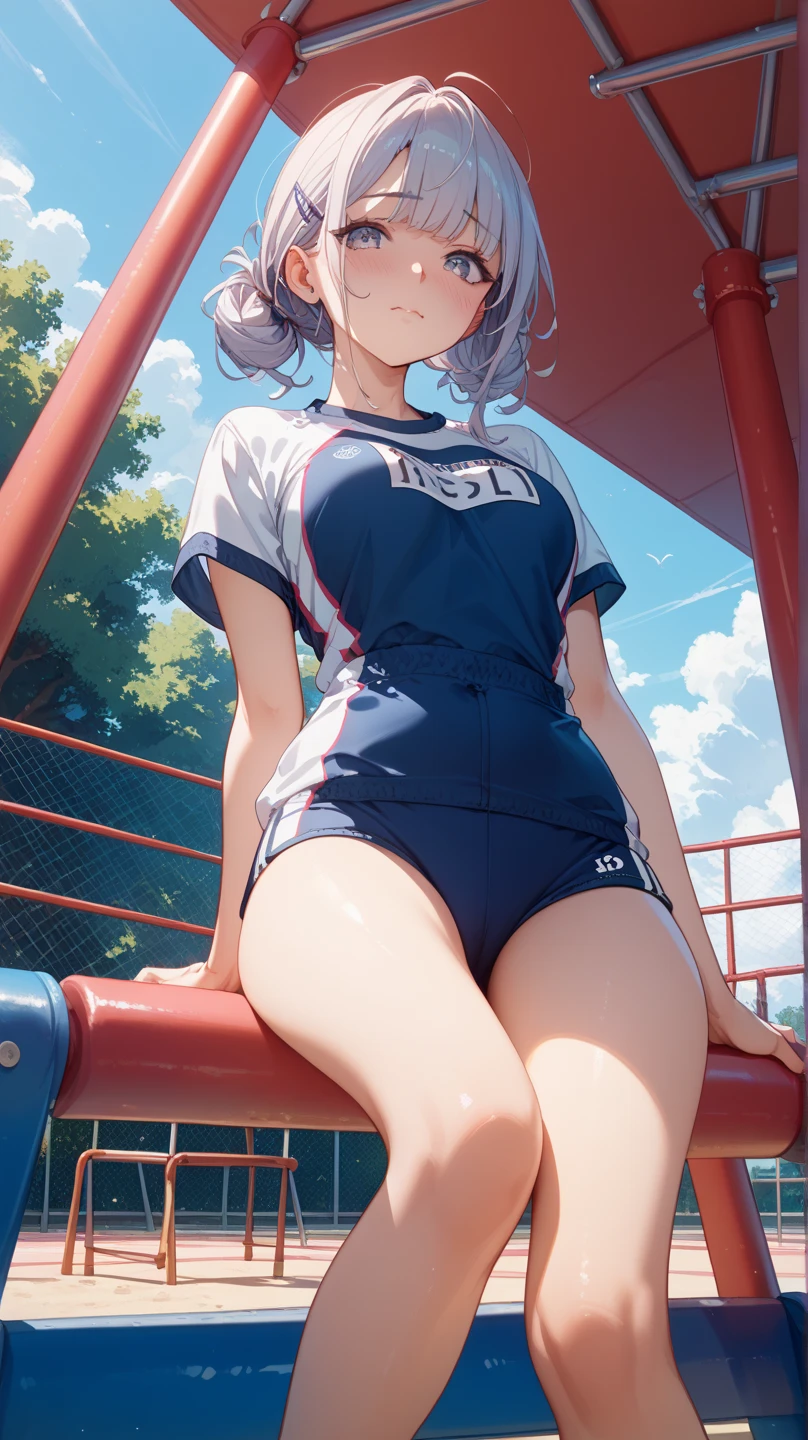 1girl、(((best quality)), ((masterpiece)), (details), masterpiece, best quality, high quality, ulutra detailed, perfect face, ((1girl, Blue eyes, cat ears: 1.3 silver bob hair: 2.5,))、Shiny Hair、Glowing Skin、Happy face、Lustful look、whole body、Body lines、blue sky、Golf course、Holding a golf club、Sun visor、Golf Wear、Golf Wearスカート、socks、Golf shoes