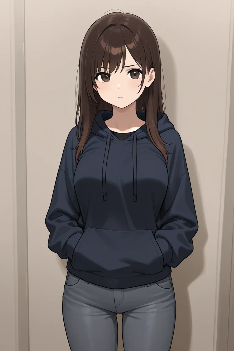 brown hair, tall, long hair, black hoodie, large breasts, black sweatpants, ski goggles perched on hair, cute, sexy, whore, slut, 18 years old,