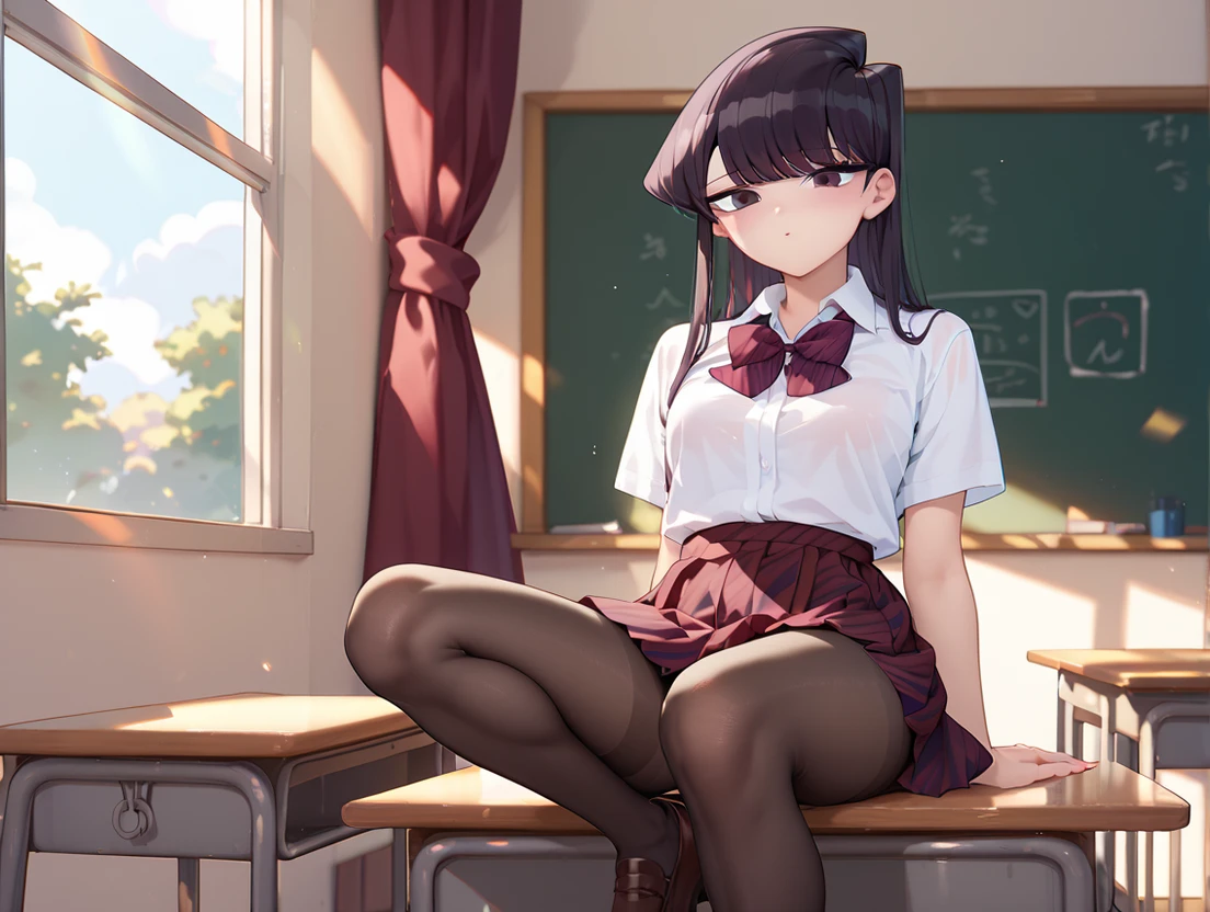 summer、Empty classroom、thick、Sweat、、high school girl、Student Bags、、Low length、(((((Eyes hidden by long bangs)))))、(((Long black hair:1.2 hair band)))(((Black-rimmed glasses:1.2 black eye)))、Backlight、evening、Nostalgic atmosphere、Look at this、Front view、Full Body Shot、glamorous、Checked mini skirt、Navy knit vest、Are standing、loafers、Skirt Lift、Showing her mysterious side、avert your eyes、Grey plaid pleated skirt, Blue checked bow tie)), White sexy panties, (Are standing, , Lift up your skirt, Grab the hem of your skirt,((Pull down your panties))、Pubic hair is visible、glamorous、Thick legs、