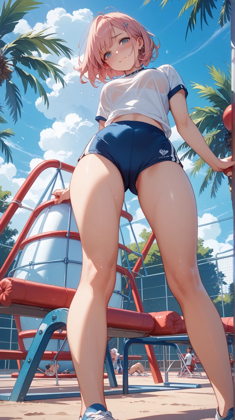 Tennis Wear、(Panty shot)、beauty、Brown Hair Bob、((whole body))、(((Photo taken from below)))、Tennis court